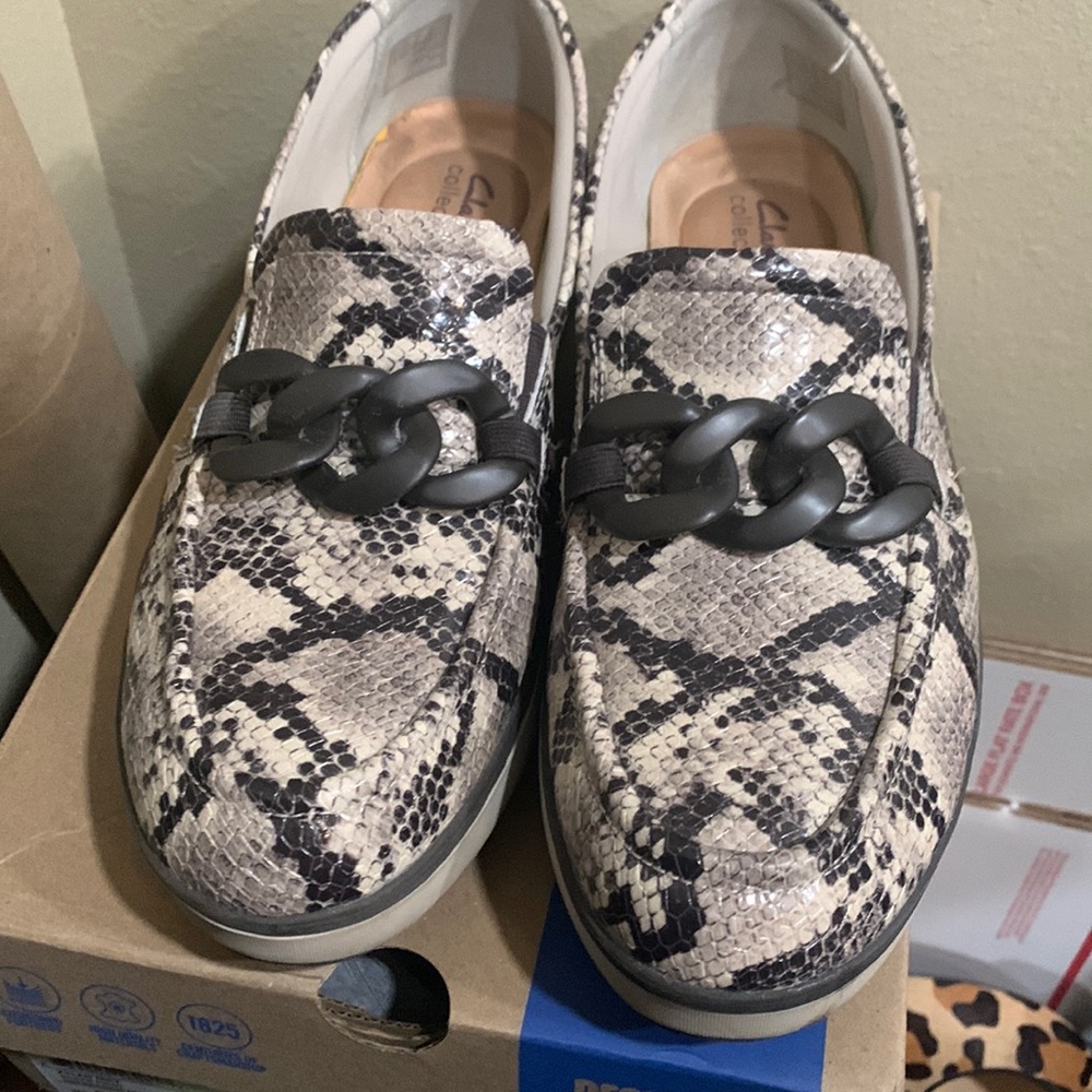 Clarks snake print slip ons. Barely worn